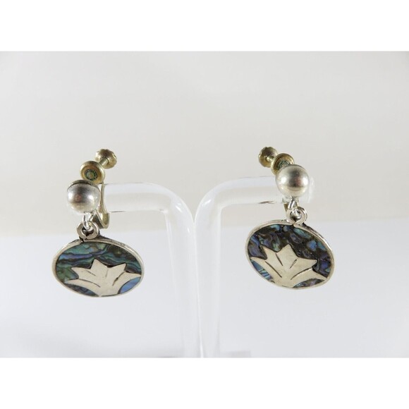 Figural Palm Leaf Disc Abalone & Sterling Taxco Mexico VKE Silver Screw Back Ear - Picture 4 of 9